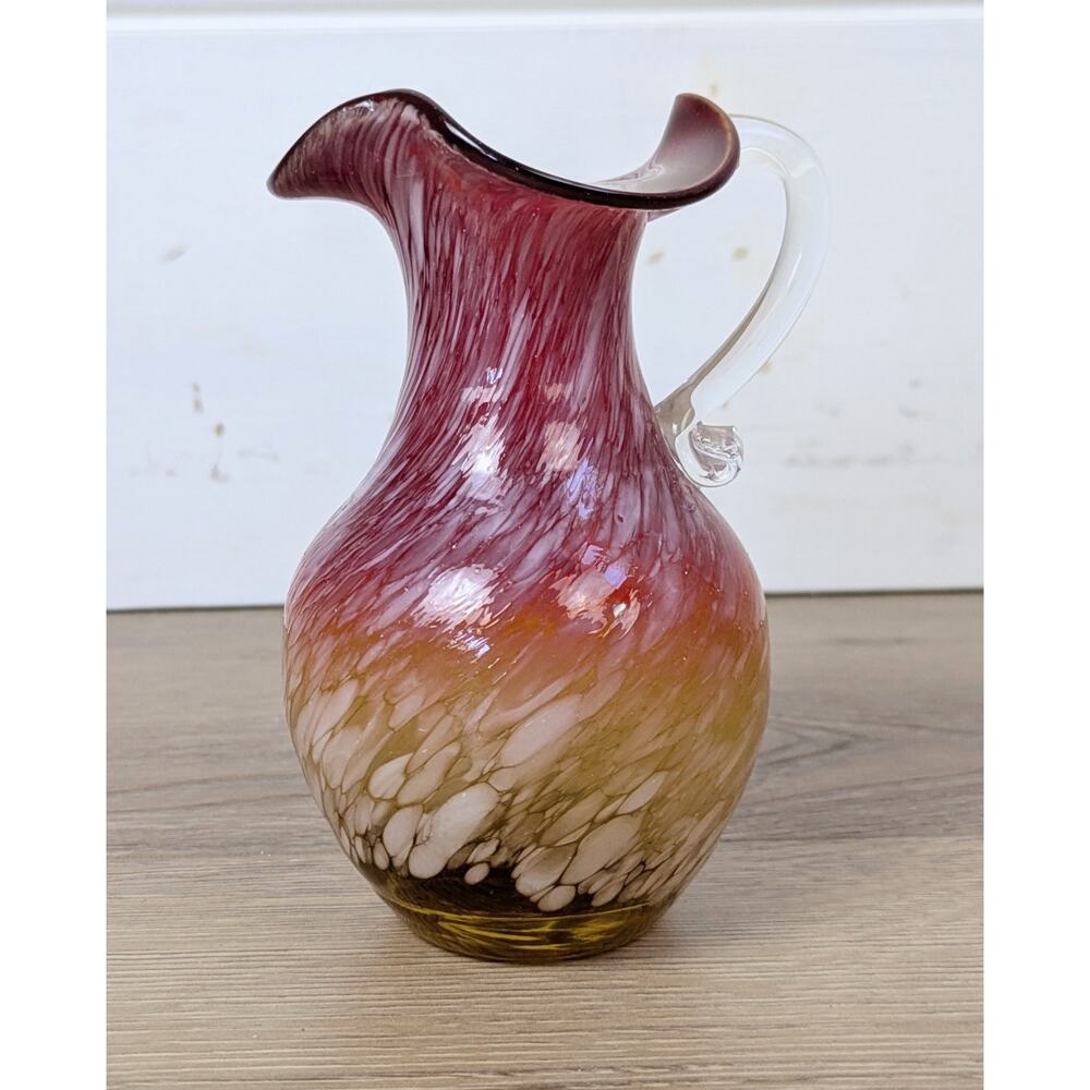 Murano Style Art Glass Pitcher Creamer 5" Cranberry Amber Spatter Hand Blown - Picture 5 of 10